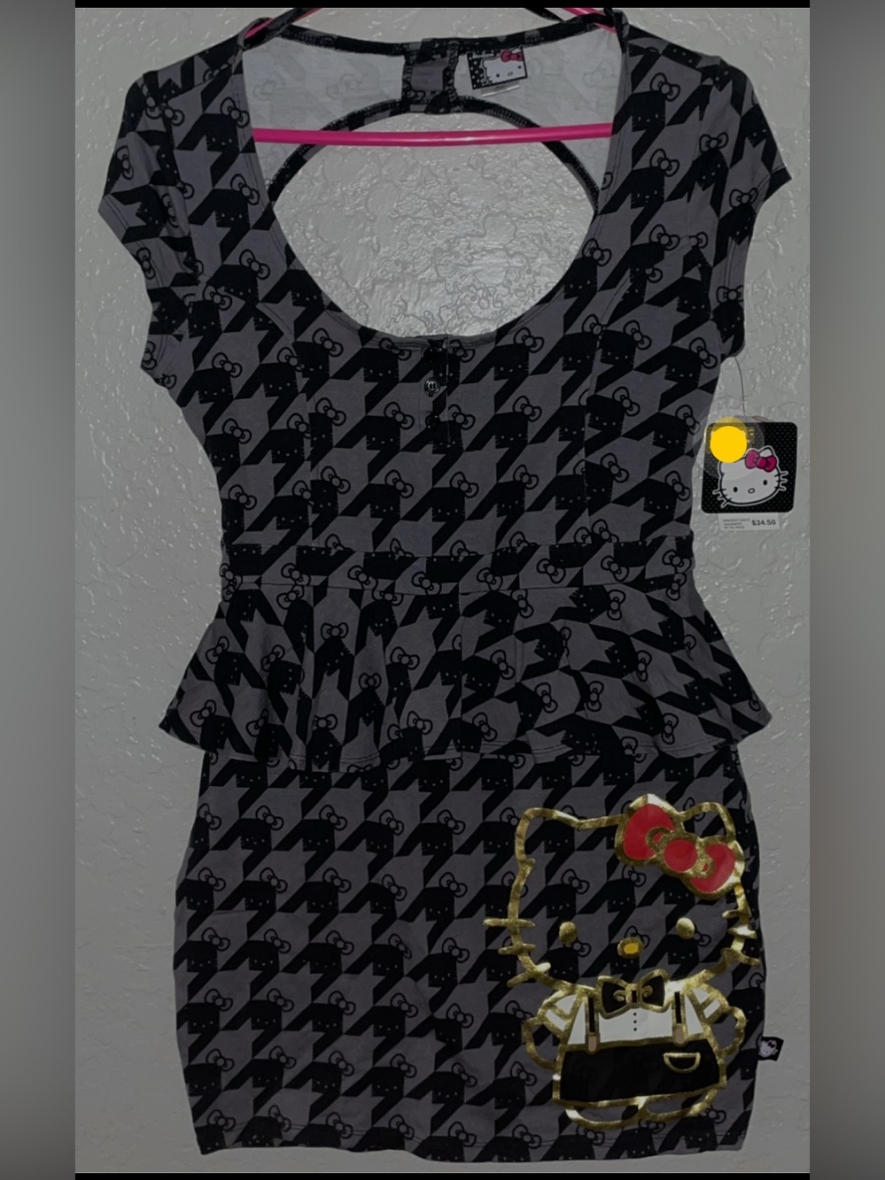 Hello Kitty Houndstooth Black & Gray Peplum Dress with Gold Accent Size Medium